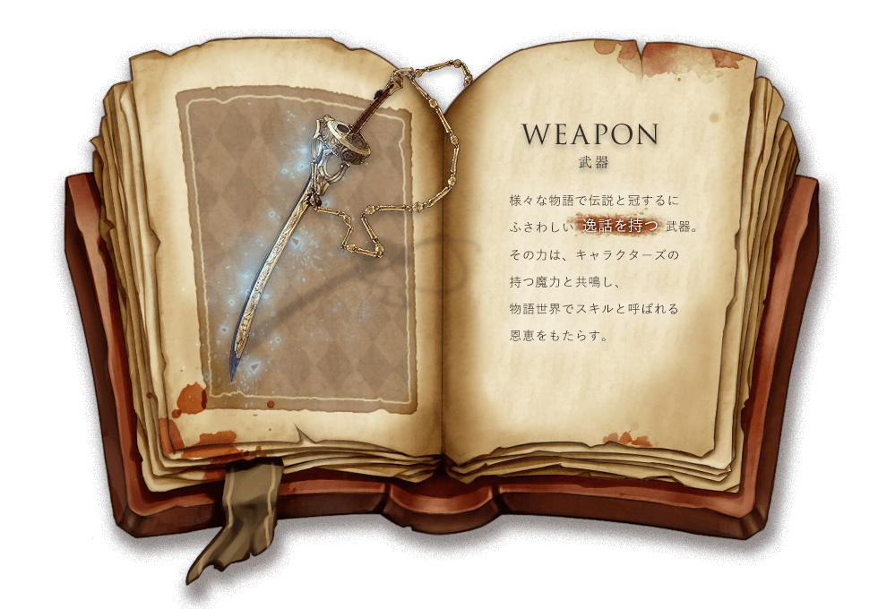 WEAPON 武器 様々な物語で伝説と冠するにふさわしい逸話を持つ武器。その力は、キャラクターズの持つ魔力と共鳴し、物語世界でスキルと呼ばれる恩恵をもたらす。